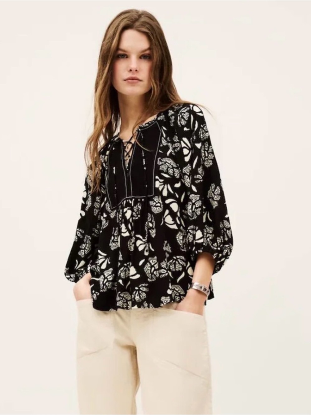 ba&sh Paris Aura Black and White Floral Boho Lace-Up Peasant Blouse size L